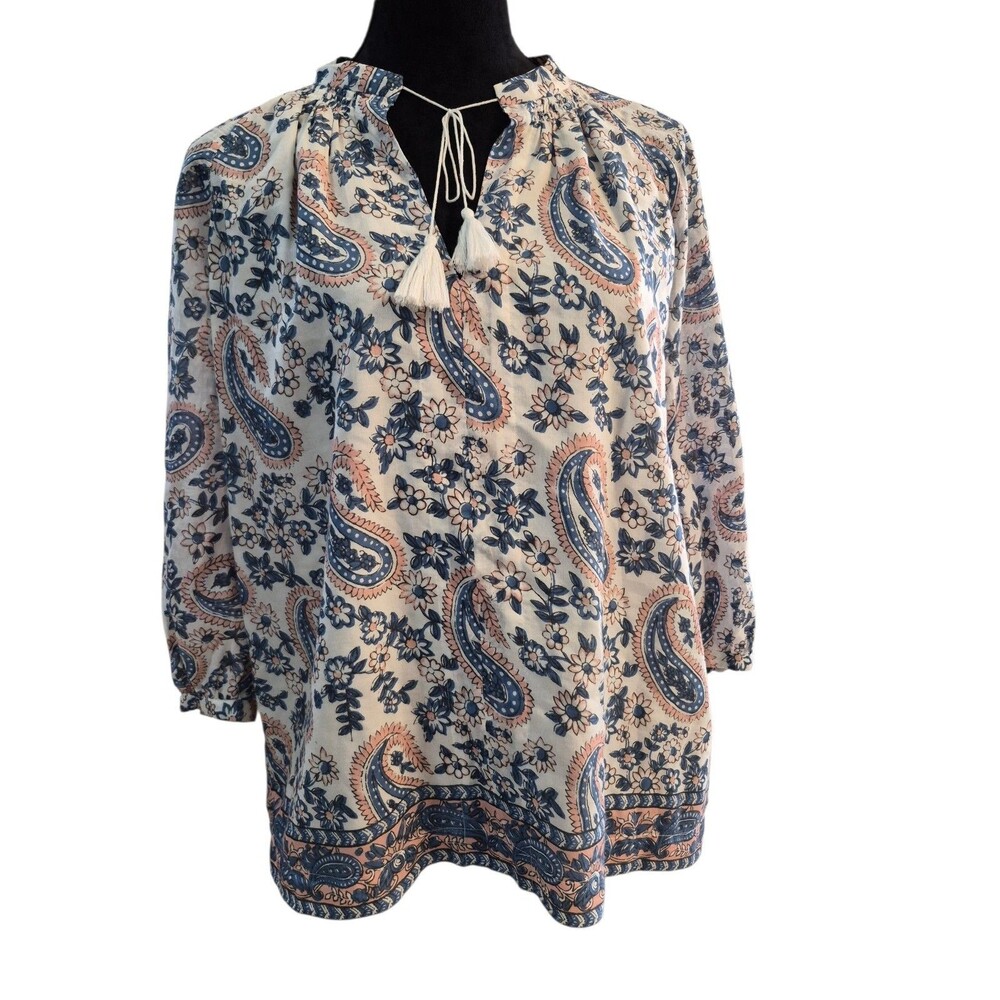 Madewell XS Paisley Tunic Top Blue Tassel Boho Silk Cotton Old Money Luxury